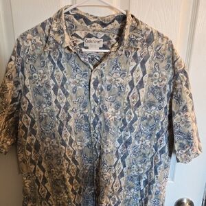 Vintage Hawaiian Blue and Cream Casual Button Down Shirt with Artistic Pattern